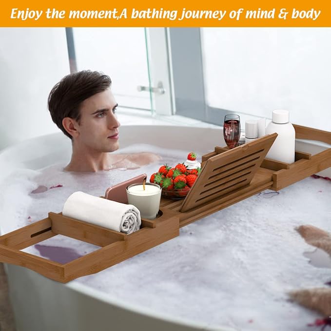 Bamboo Bathtub Tray for Luxury Bathroom, Expandable Premium Bath Tray with Soap Towel Book Holder, Luxury Spa Wooden Bath Table for Reading Laptop Over The Clawfoot Walnut
