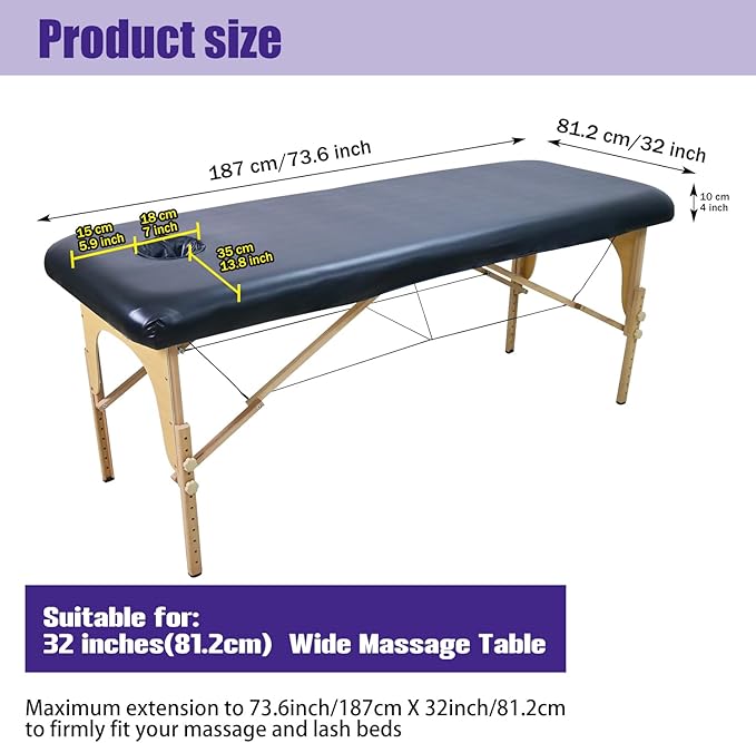 32 Inches Wide Massage Table Cover with Face Breath Hole|100% PU Massage Table Cover Protector|Wipeable, Reusable & Waterproof Vinyl Massage Table Cover for Square Massage Tables