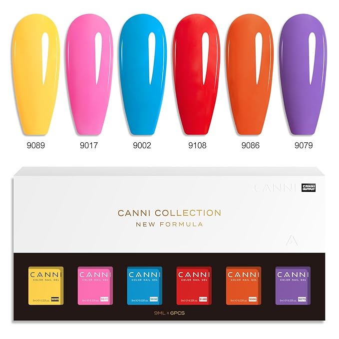 CANNI Summer Gel Nail Polish Set,Bright Rainbow Collection 6 Colors 9ML Hot Red Pink Yellow High Gloss Soak Off UV LED Gel Nail French Nail Manicure Salon DIY