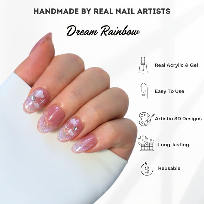 3D Press on Nails - Short, Medium, Oval, Almond - Glitter Cat Eye - Gel - Durable Reusable False Nails (10 Pcs - Dream Rainbow, L)