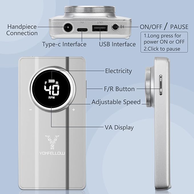 40000 RPM Professional Nail Drill, Stand Base Portable Electric Nail File Efile Drill for Acrylic Gel Nails Silver
