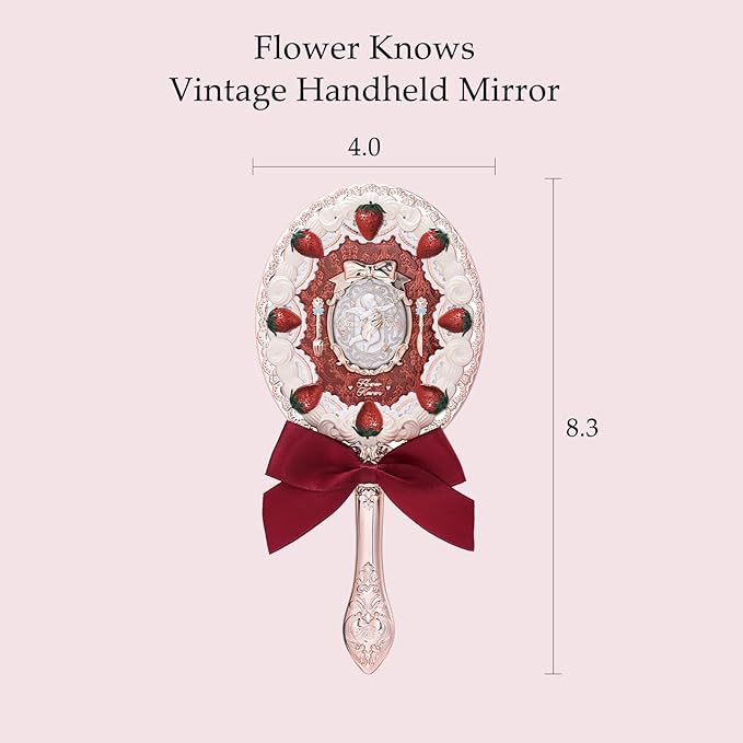 Flower Knows Strawberry Cupid Hand Mirror,Portable Vintage Handheld Mirror,Durable Metal Mirror,Cute & Aesthetic Princess Mirror,with Long Handle for Easy Holding,Gift for Girls(Red Velvet)