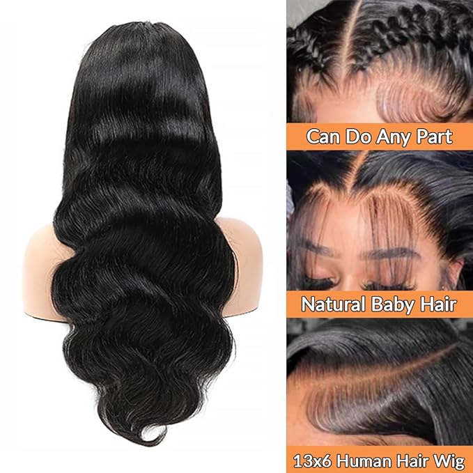 13x6 HD Transparent Lace Front Wigs Human Hair Body Wave Lace Front Wigs Human Hair Pre Plucked Brazilian Virgin Hair Glueless Frontal Wigs Human Hair for Women 200 Density Natural Black 24 Inch