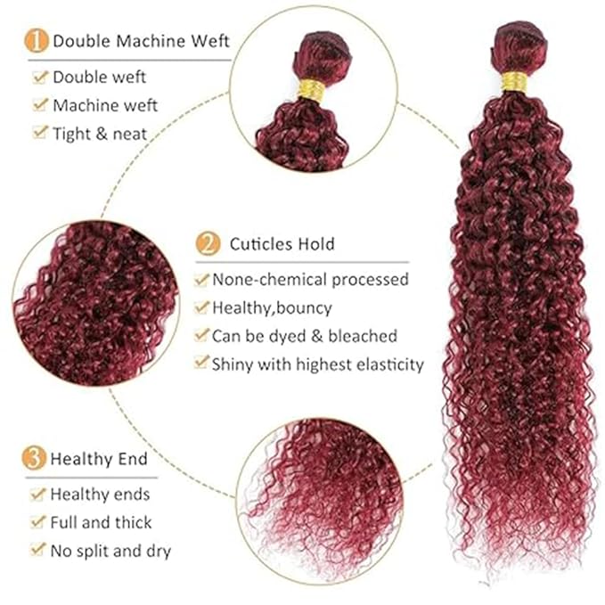 Color 99j Human Hair Curly Bundles Burgundy kinky Curly Bundles 8a Grade Double Weft Brazilian Human Hair Soft and Silky for Black Women 22 24 26 Inch