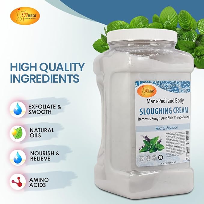 SPA REDI - Foot Cream, Sloughing Lotion, Mint and Eucalyptus 128 Oz - Pedicure Massage Foot Care for Dry Cracked Feet, Scrub Gently, Exfoliating, Smooths and Eliminates Buildup of Dead Skin