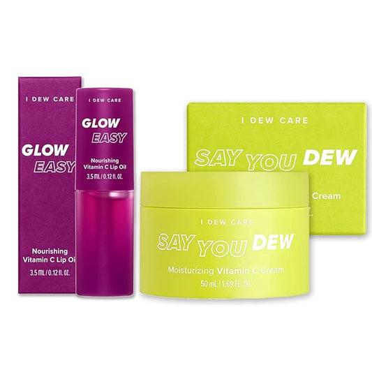 I DEW CARE Say You Dew Brightening Vitamin C Cream with Niacinamide + Glow Easy Vitamin C Tinted Lip Oil Gloss with Jojoba Seed Oil Bundle