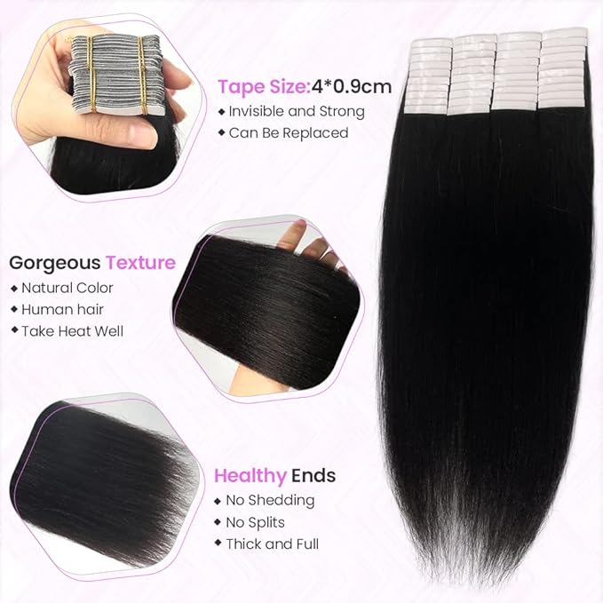 40Pcs 100G Tape in Hair Extensions Human Hair Yaki Straight Tape in Human Hair 20 Inches Seamless Skin Weft Invisible Double Sided Tape for Women 2Packs for Full Head Light Yaki Straight Tape On Hair