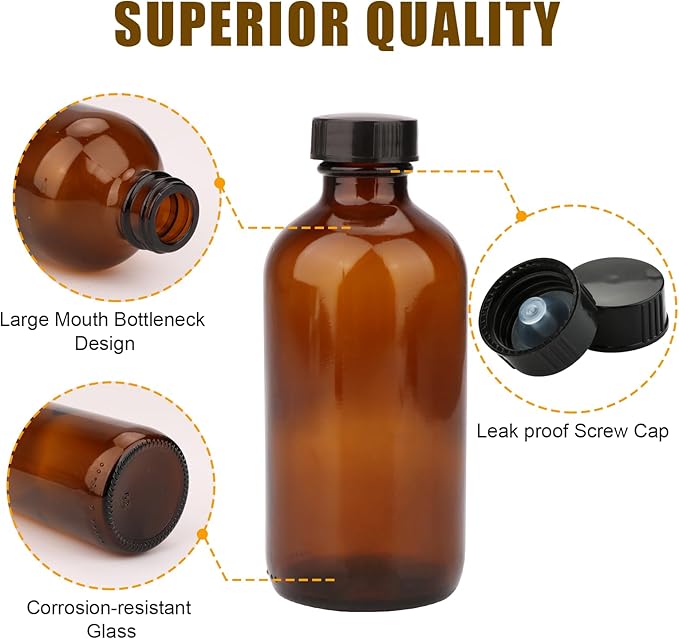 4oz Amber Glass Bottles, Boston Round Glass Bottles (50 Pack) with Leak-proof Caps, Refillable Container for Homemade Vanilla Extract, Essential Oils, Herbal Medicine and More