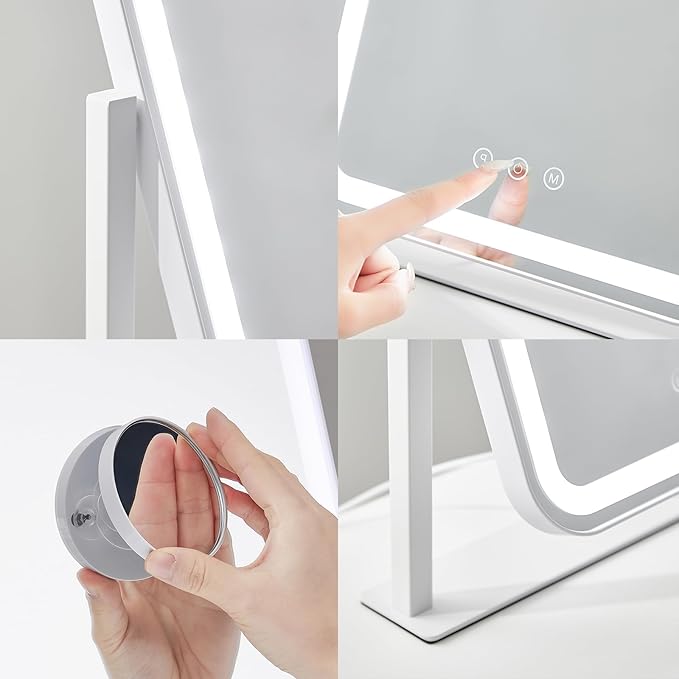 HIEEY Vanity Mirror with Lights, Makeup Mirror with Lights, Three Color Lighting Modes, and 5X Magnification Mirror, Smart Touch Control, 360°Rotation (14.1" x 13.5" White,Gift Box)