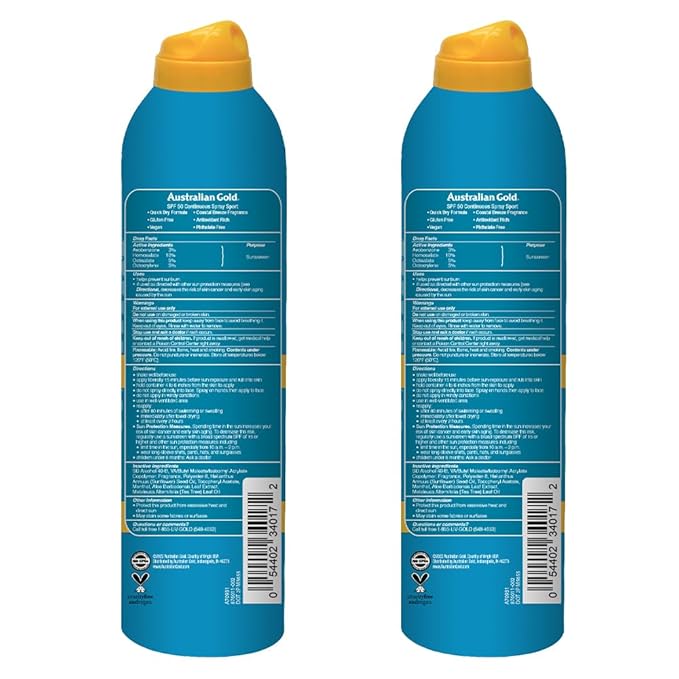 Australian Gold Extreme Sport Continuous Spray Sunscreen SPF 50 (Broad Spectrum/Sweat & Water Resistant/Non-Greasy/Oxybenzone Free/Cruelty Free), Sport - New, Coastal Breeze, 6 Oz (2 Pack)
