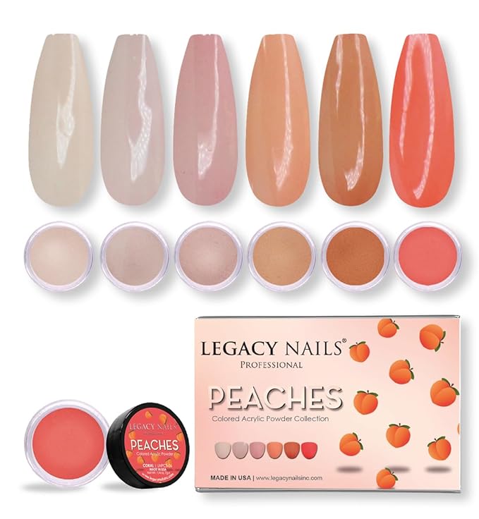Legacy Nails Acrylic Powder Collection - PEACHES COLLECTION - 6 Colors Inspired by Wings - Professional DIY Nail Art Set for Dip & Acrylic Extensions