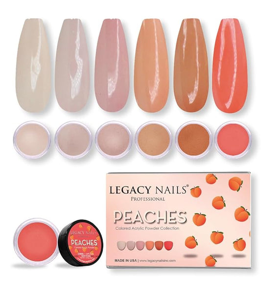 Legacy Nails Acrylic Powder Collection - PEACHES COLLECTION - 6 Colors Inspired by Wings - Professional DIY Nail Art Set for Dip & Acrylic Extensions