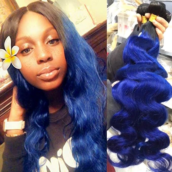 Human Hair Blue Bundles Brazilian Ombre Body 1b/blue Wave 1Bundle Hair Unprocessed Virgin Human Hair Extensions 3-4bundles can be full head(24",1b/Blue)