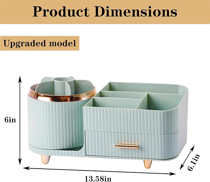 Rotating Makeup Organizer for Vanity with Brush Holder and Drawer, Cosmetic Makeup Storage, Large Spinning Makeup Skincare Organizer, Countertop Makeup Perfume Organizer, Lotions Display Case (Green)