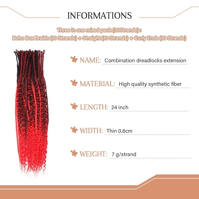 24 Inch 30 Strands SE Dreadlock Extensions Sets，3 In 1 Mixed Synthetic Dreads Extensions, Ombre Deep red Straight&Curly&Boho Handmade Dreads Hippie Style Dreadlocks for Woman
