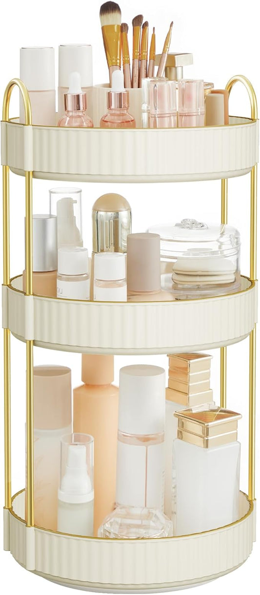 SONGMICS Makeup Organizer, 3-Tier Round Rotating Skincare Organizer Countertop, Customizable, Toiletries Vanity Organizer, Lazy Susan, Gift for Mom, Cloud White UJKA011W01
