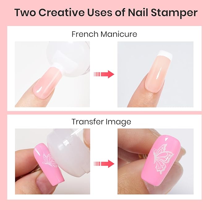 Beetles Nail Stamp, 4Pcs French Tip Tool Easy Manicure Nail Stamper Single Head Soft Silicone Long & Short French Tip Stamp Tool with 2Pcs Nail Scraper Decorations Gift for Women