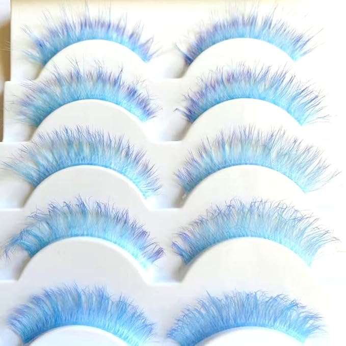 Sunniess Ombre Afro-Curl Colored Lashes Silk Protein Fluffy Wispy Volume Fake Short Lashes with Color for Daliy Halloweens Cosplay Party Stage Blue Purple Lashes Make up False Eyelashes 5 Pairs