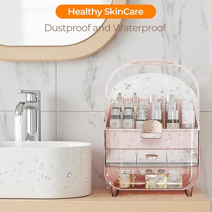 IUI Make up Organizer, 2 Drawer Make up Organizers for Vanity, DustProof Skincare Organizers with Lid, Large Cosmetic Display Cases for Vanity, Bathroom, Countertop, Gifts for Women Girls, Pink