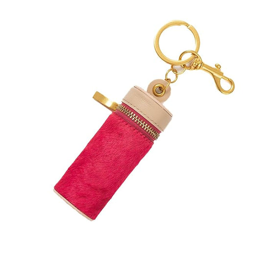 Cackatoo Genuine Leather Horsehair Lipstick Case with Keychain - Portable Travel Organizer for Lipstick and Chapstick - Stylish Key Chain Accessory for Women (Fuchsia/Beige)