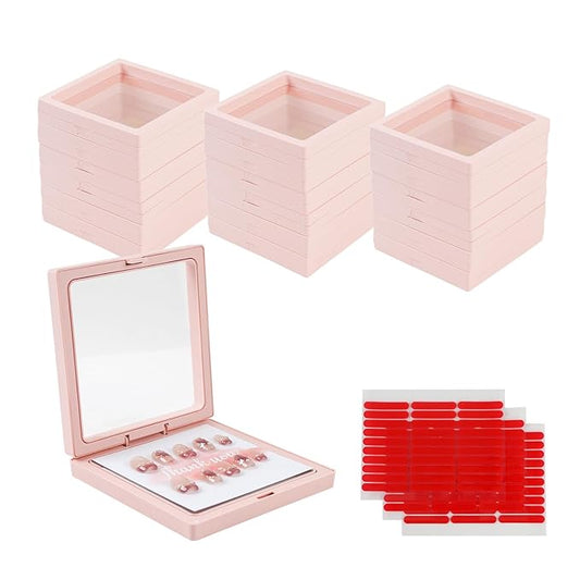 30 Pcs Press On Nail Packaging Nail Boxes Storage Display Box with 90 Pcs Adhesive Double Sided Tape with 30 Pcs Thank You Display Cards or Nail Salon Pink