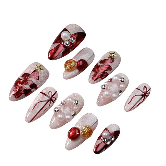 Almond Press on Nails Handmade Medium Long/Stiletto 3D Flower Fake Nail with Designs, Women Reusable False Nails (Cat Eye Pink, L)