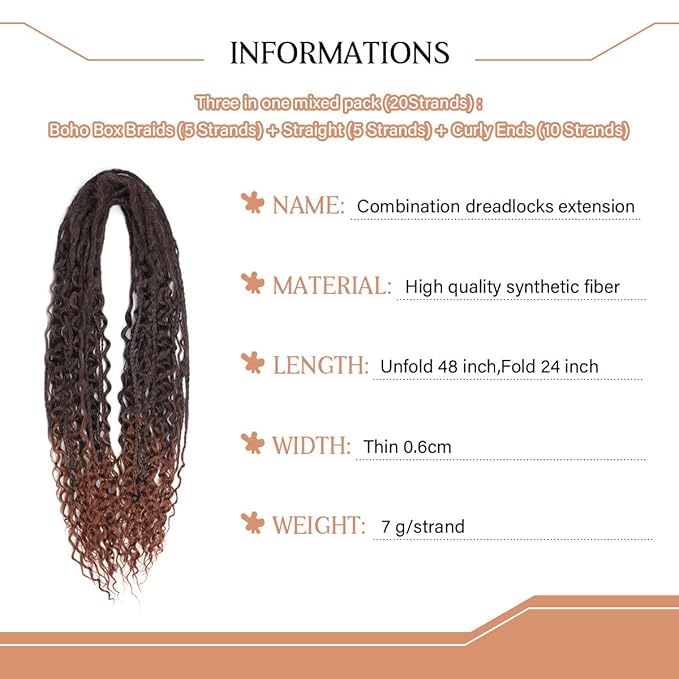 24 Inch DE Dreadlock Extensions Sets, 20 Strands 3 In 1 Mixed Synthetic Dreads Extensions, Ombre Auburn Straight&Curly&Boho Handmade Dreads Hippie Style Dreadlocks for Woman