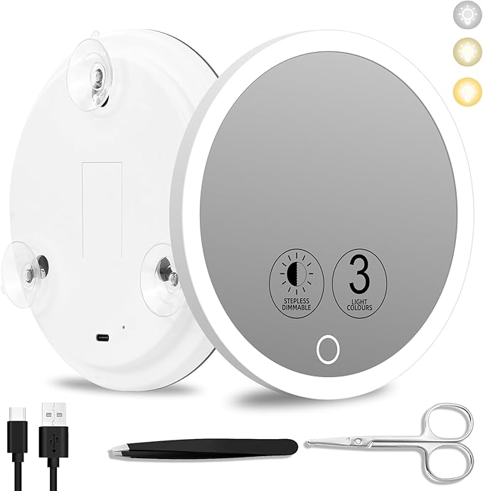 5x Lighted Magnifying Mirror with Suction Cups, Large 6'' Magnified Mirror with Light High Magnification Travel Makeup Mirror, Rechargeable Battery, 3 Colors Dimming Light, with Tweezers &Scissors