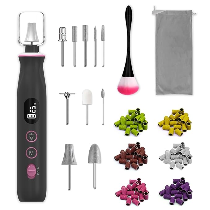 Cordless Electric Nail File Set, 10 Speeds Professional Manicure Pedicure Kit with LED Light & LCD Screen, Portable Nail Drill for Natural & Acrylic Nails, Human & Pet Thick Toenails (Black)