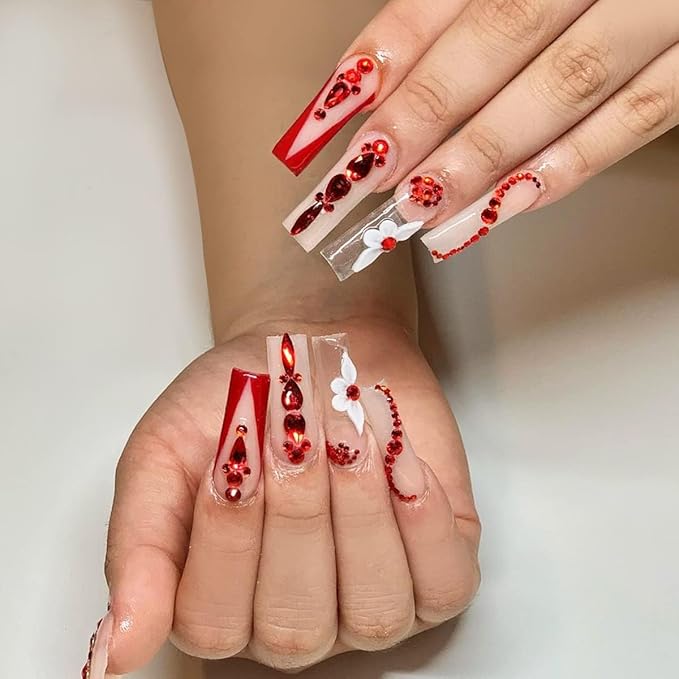 Nail Art Red Crystals Rhinestones Set - 3100pcs Red Nail Gems Diamonds Flatback Jewels for Nails Design, 12 Types of 600 Special-Shaped Diamonds + 2500 Flat-Bottomed Rhinestones Kit