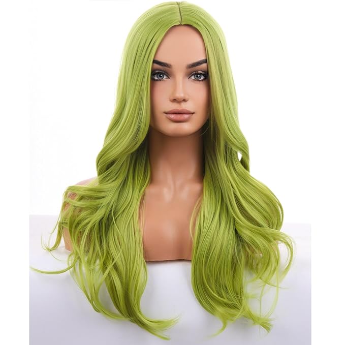 BERON Green Wigs Long Wavy Wig for Women Natural Curly Light Colored Heat Resistant Synthetic Hair Wigs for Cosplay Party Daily or Use