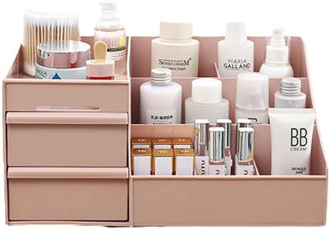 skin care organizer,Makeup Desk Organizer With Drawers,Countertop Organizer for Cosmetics,Vanity brush with Holder for Lipstick, Brushes, Eyeshadow, and Jewelry Desktop Finishing Dresser (Pink)