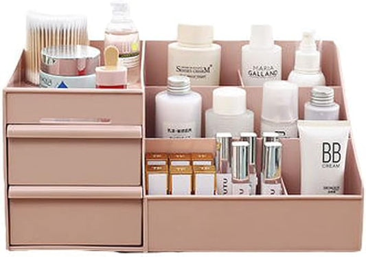 skin care organizer,Makeup Desk Organizer With Drawers,Countertop Organizer for Cosmetics,Vanity brush with Holder for Lipstick, Brushes, Eyeshadow, and Jewelry Desktop Finishing Dresser (Pink)