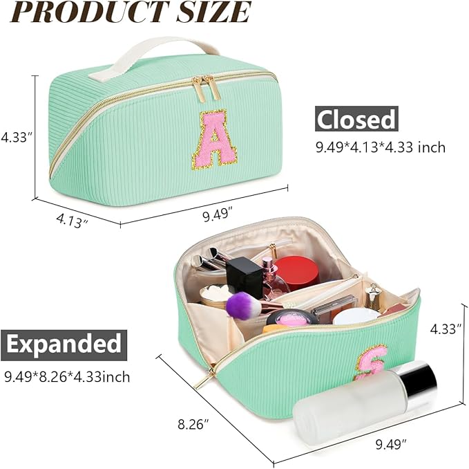Gifts for Girls, Initial Travel Makeup Bag Women's Day Gift Make up Bag Cosmetic Bags Monther's Day Gifts, Personalized Stuff Bag Cute Makeup Bag Birthday Gifts for Women/Friend/Mother Green - Q