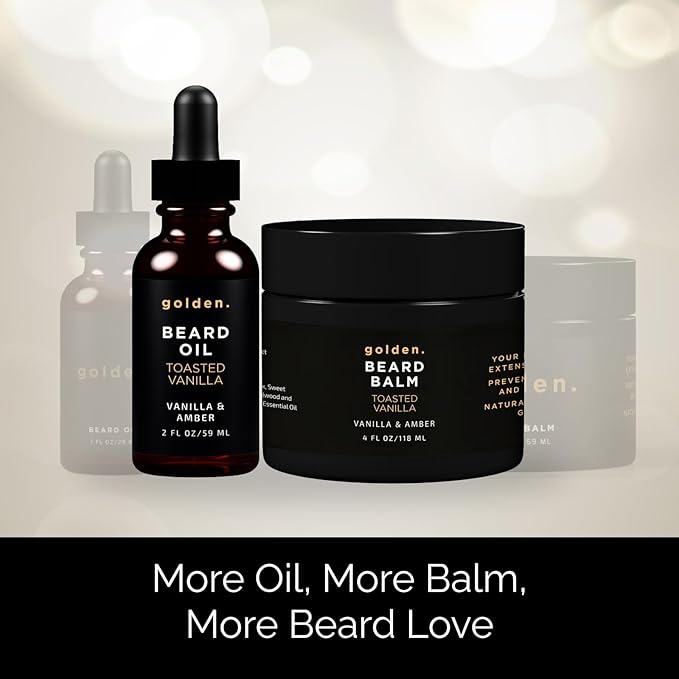 Golden Grooming Beard Oil & Balm Bundle for Men | Natural Growth Kit with Shea Butter | 4oz Balm & 2oz Oil | Toasted Vanilla
