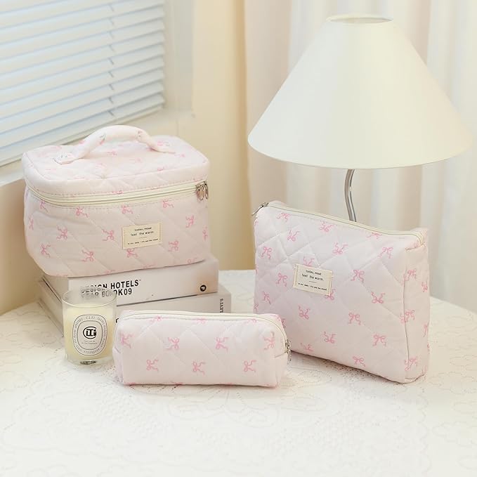 3Pcs Quilted Makeup Bag, Cute Floral Cotton Cosmetic Bag set, Coquette Bow Makeup Pouch Large Travel Toiletry Bag