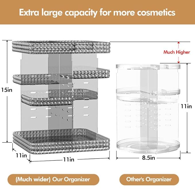 Makeup Organizer 360 Rotating Cosmetic Organizer, DIY Adjustable Makeup Carousel Spinning Holder Rack, Large Capacity Cosmetic Display Cases Vanity Countertop Fits Makeup Brushes Lipsticks (Grey)