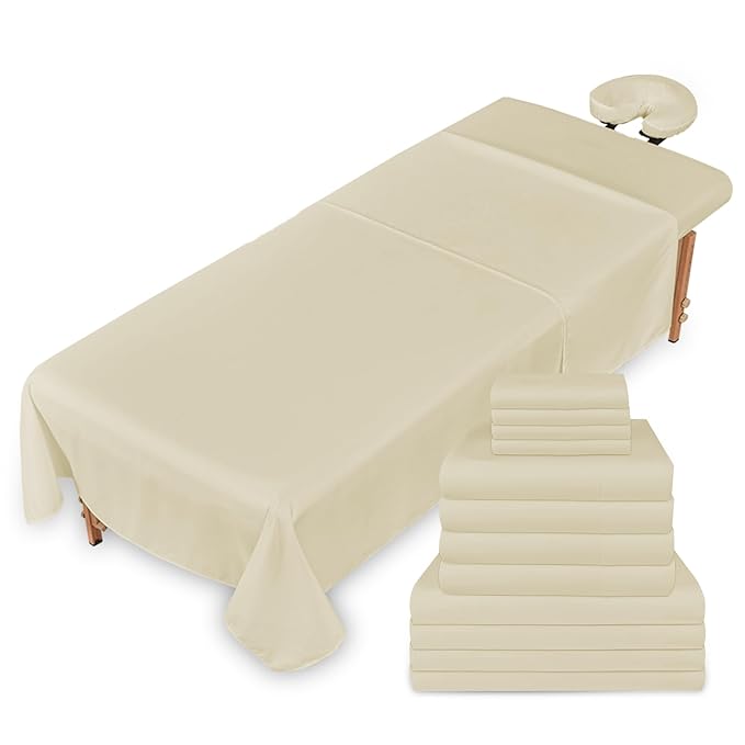 Massage Table Sheets Sets – 4 Set Bundle, 120GSM Double Brushed Microfiber, Premium Massage Sheets Sets, Spa Bed Sheets for Esthetician, Wrinkle & Oil Resistant, Natural