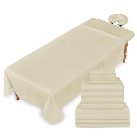 Massage Table Sheets Sets – 4 Set Bundle, 120GSM Double Brushed Microfiber, Premium Massage Sheets Sets, Spa Bed Sheets for Esthetician, Wrinkle & Oil Resistant, Natural