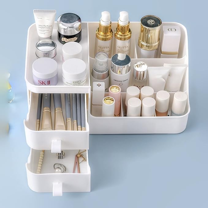 skin care organizer,Makeup Desk Organizer With Drawers,Countertop Organizer for Cosmetics,Vanity brush with Holder for Lipstick, Brushes, Eyeshadow, and Desktop (polar white)