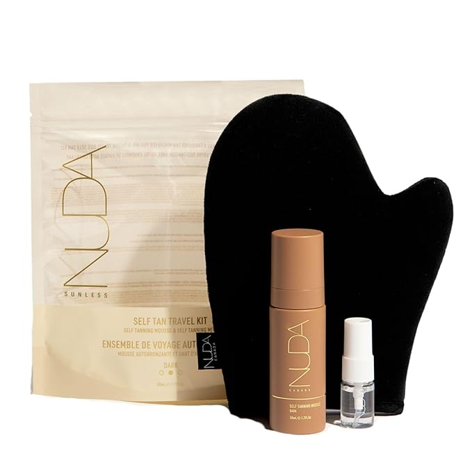 Nuda Travel Self Tanning Kit | Includes Self Tanning Mitt Applicator, 50mL Dark Self Tanning Mousse, & 5mL Original Face Tanner Spray | Travel Size Self Tanner Kit for a Nourishing Head-to-Toe Tan