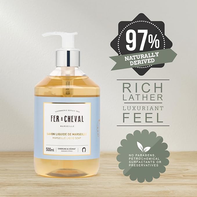 Fer à Cheval Marseille Liquid Soap, Luxury French Liquid Soap, Savon Liquide De Marseille, Seaside Citrus 500ml, Set of 2, 16.9 f oz