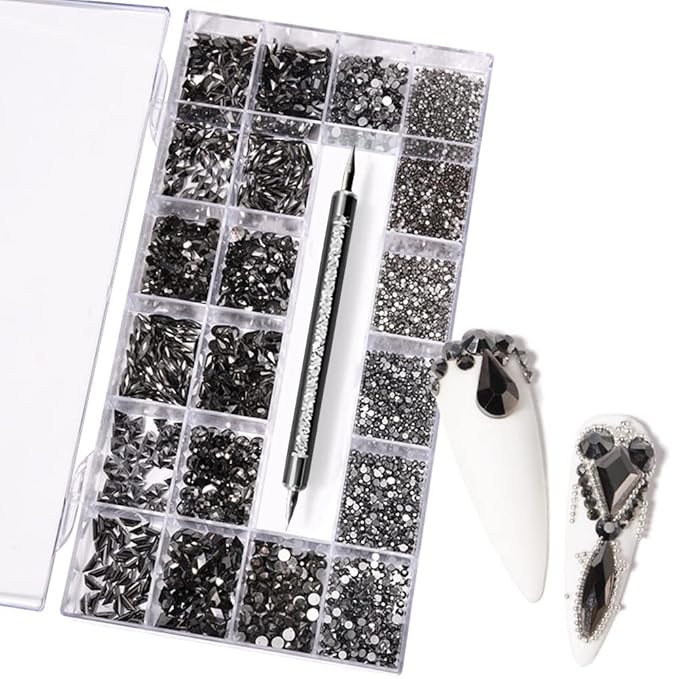3100Pcs Nail Crystal Rhinestones Kit, Mix Shapes AB Glass, 3D Diamonds Flatback Crystals, with a Drill Pen, Nail Crystal Non Hotfix, Nail Art Decoration(Mineral Black)