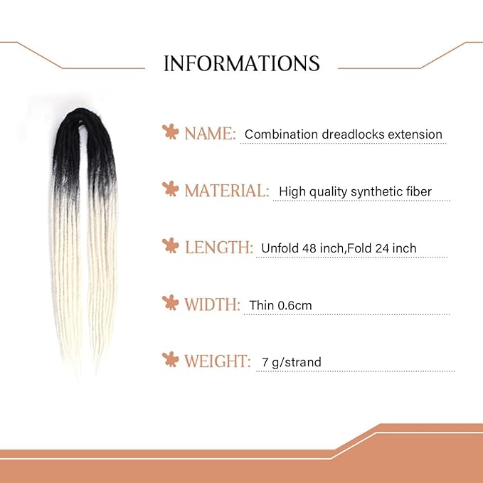 24 In Double Ended Dreadlock Extensions, Gray to White 10 Strands Thin 0.6cm Width Synthetic DE Dreads Extensions, 100% Handmade Dreads Hippie Style Dreadlocks for Woman