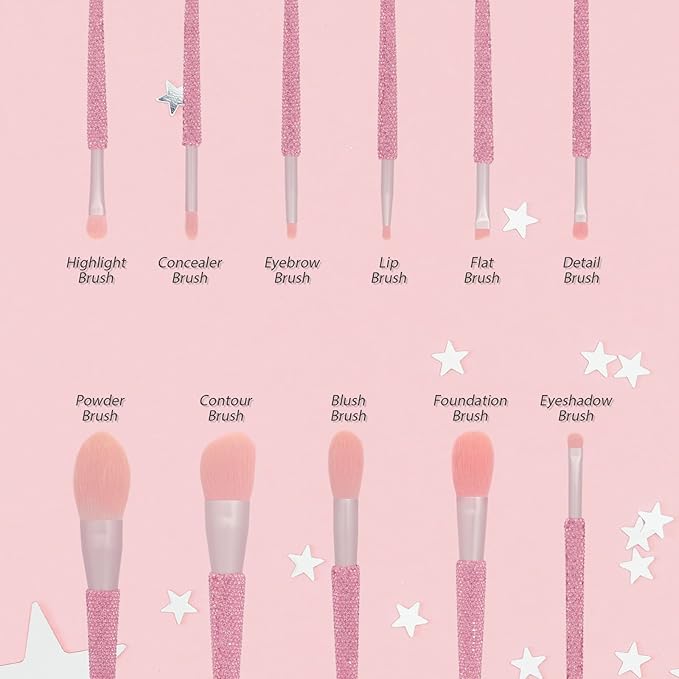 Professional Makeup Brushes Set 11PCS Bling Rhinestone Face Cosmetics Blending Liquid Foundation Powder Concealer Eye Shadows Make Up Beauty Tool Glitter (Pink)