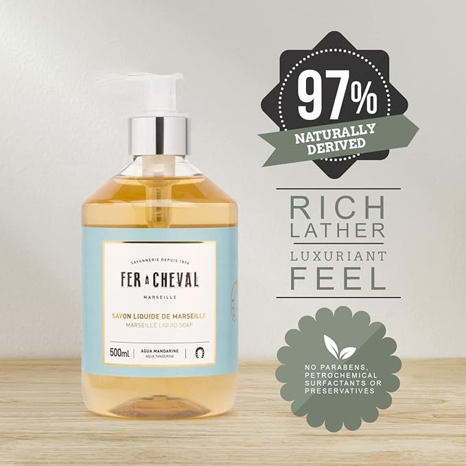 Fer à Cheval Savon Liquide De Marseille Soap, Luxury Hand Soap Savon De Marseille Soap, Aqua Tangerine, 500ml/16.9fl oz