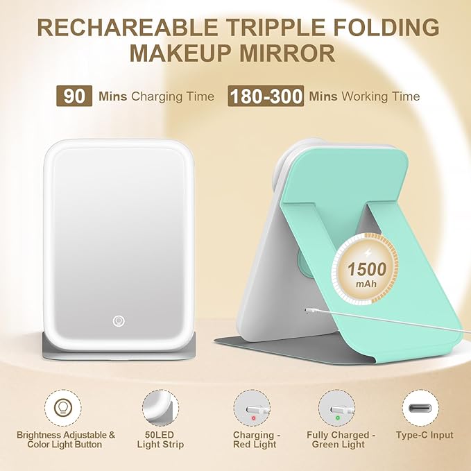 Mocado Travel Makeup Mirro with Lights, 360° Rotation Lighted Makeup Mirror, Portable Mirror with 10x Magnification, 60LEDs 3 Color Lightings, Dimmable Touch Screen, Tabletop Light up Mirror(Green)