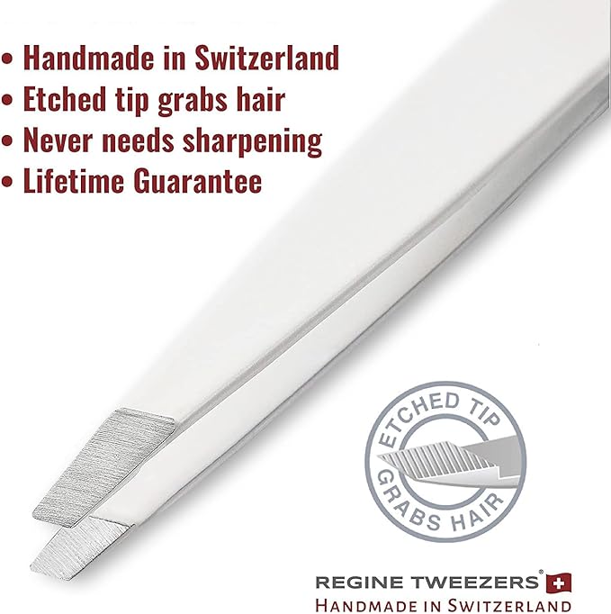 Slant Tweezer - Handmade in Switzerland - Professional Eyebrow & Facial Hair Remover - Etched Interior Grabs Hair from The Root - Perfectly Aligned Tips - Stainless Steel, White