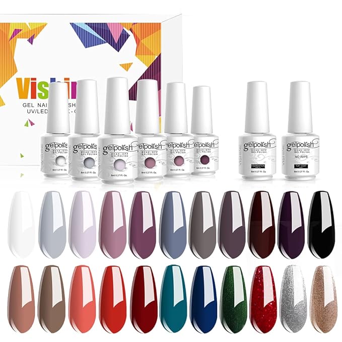 Vishine Gel Nail Polish Set - 22 Classic Colors, 8ml with No Wipe Base and Top Coat, 24 PCS Soak Off Gel Nail Starter Kit