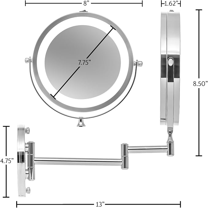 OVENTE 7" Lighted Wall Mount Makeup Mirror with 1X/7X Magnification, Cordless Double Sided Magnifying Round Vanity Mirror, 360° Swivel Design, Extendable and Folding Arm, Polished Chrome MFW70CH1X7X